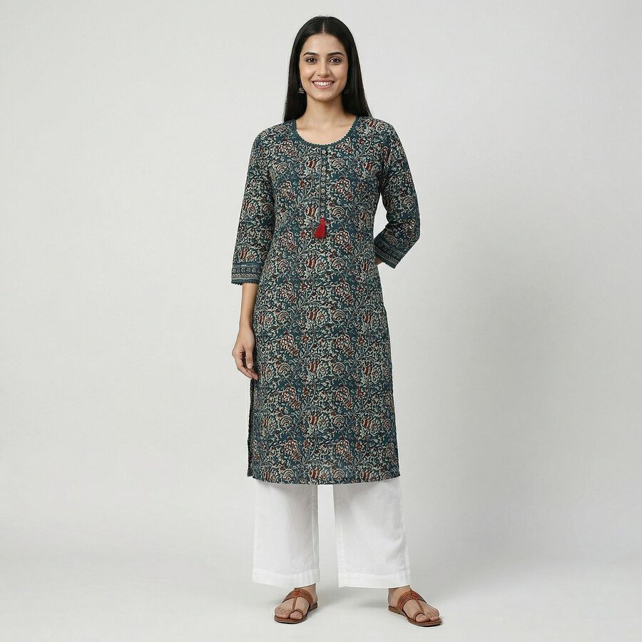 Women's Dark Green Cotton Round Neck Floral Printed Kurta, गहरा हरा, large