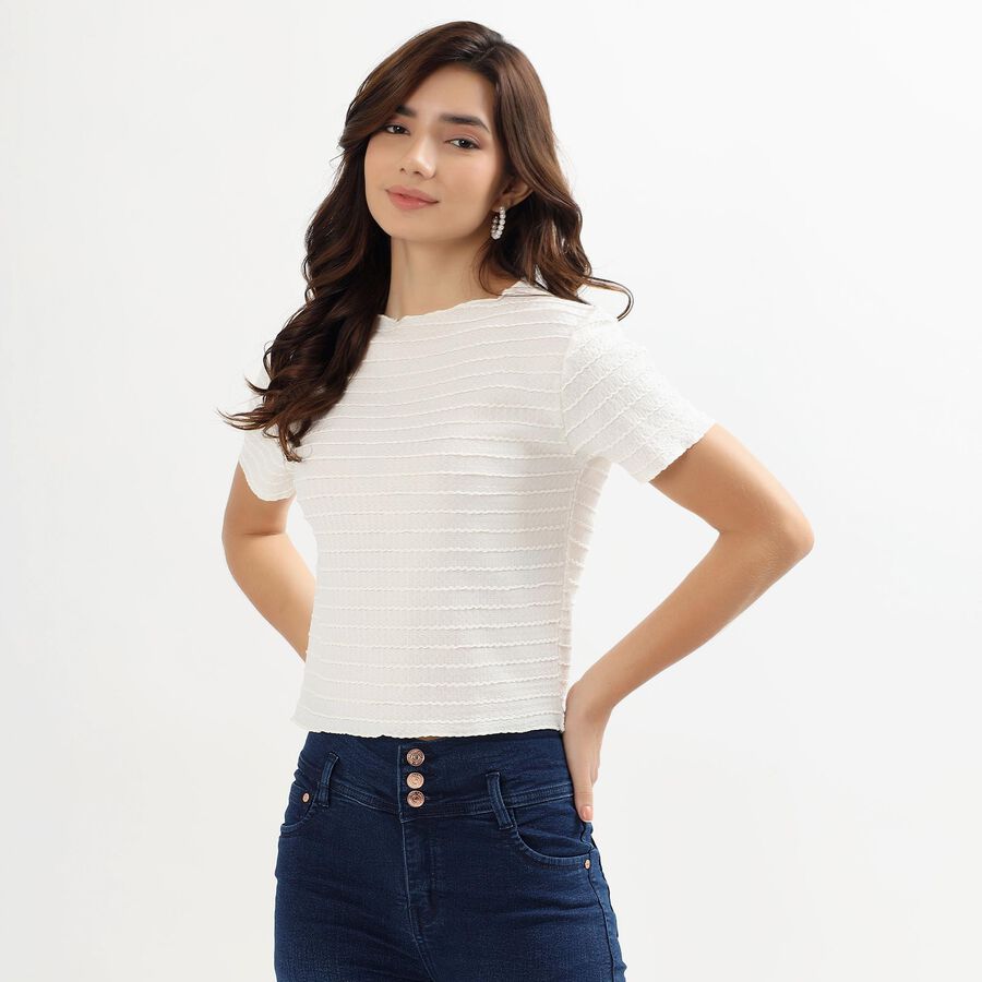 Ladies' Snow White Round Neck Casual Crop Top, सफ़ेद, large