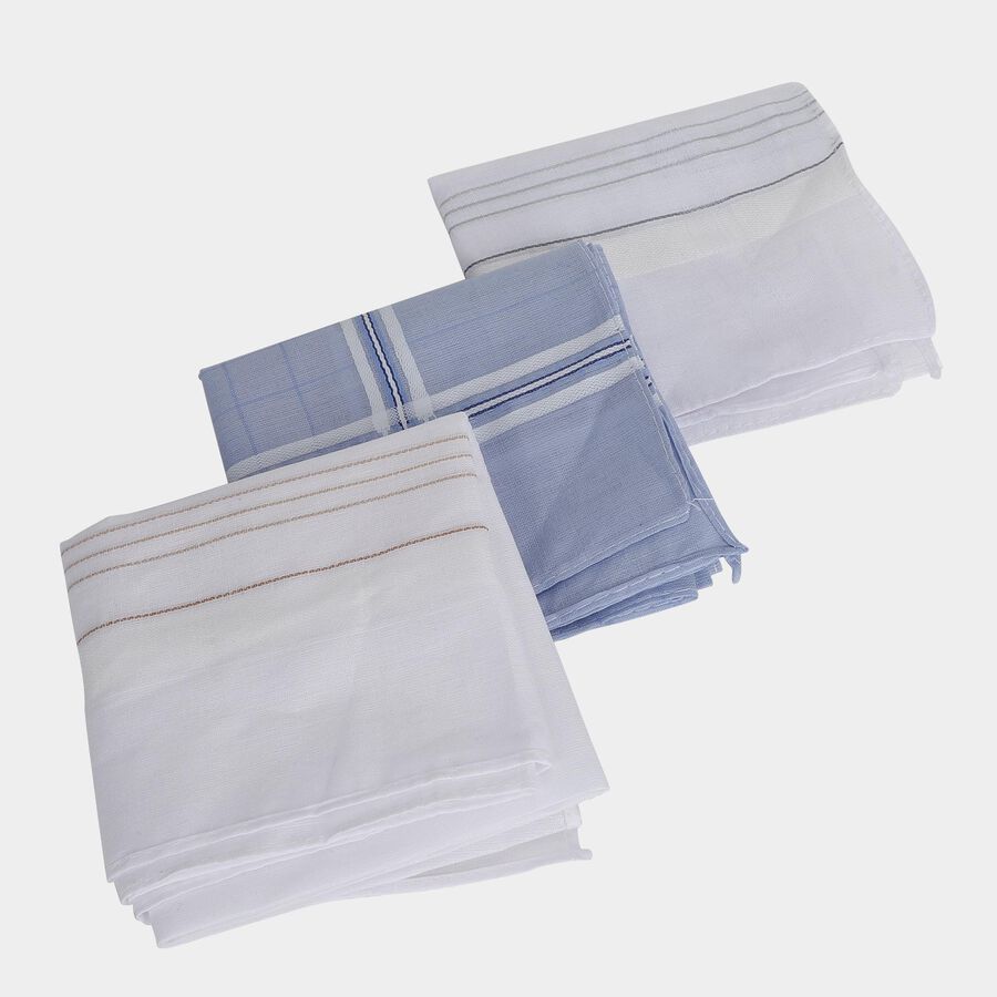 Men's Mid Blue Checked and Striped Pack of 3 Handkerchief, मध्यम नीला, large