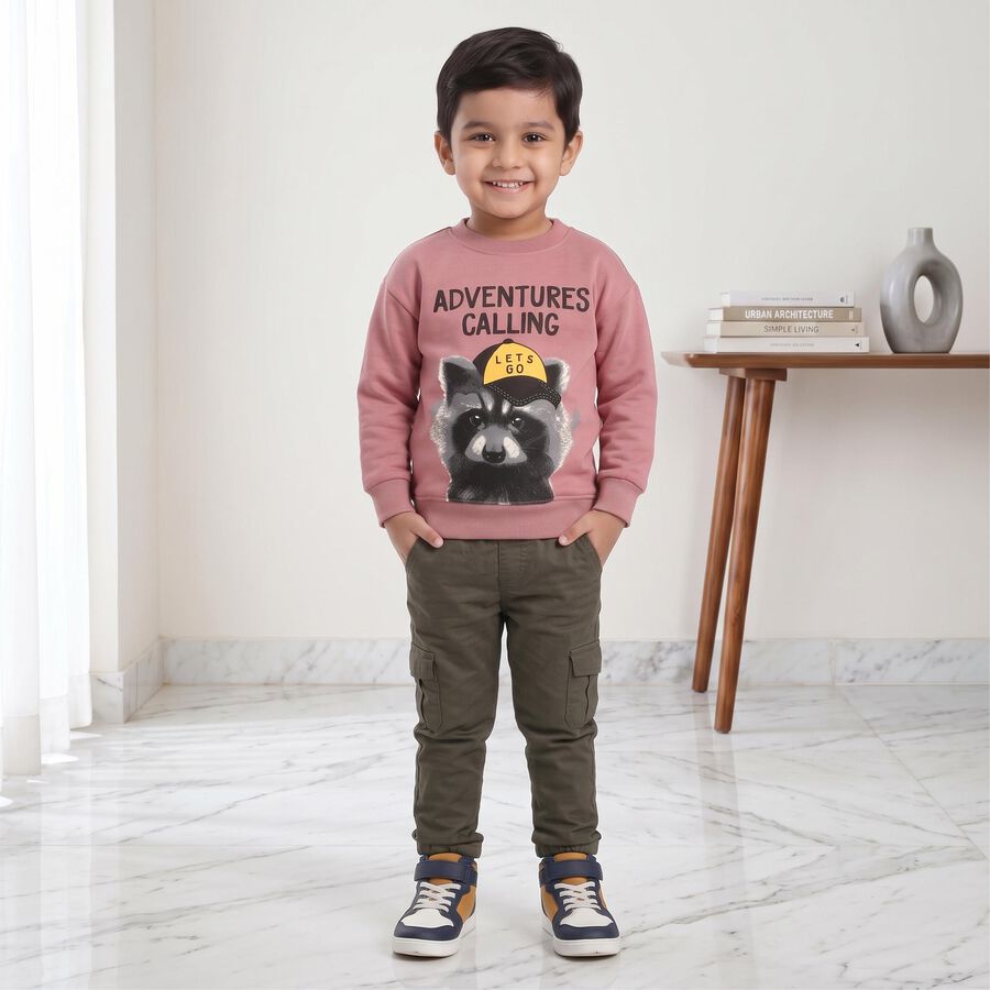 Boys' Pink Crew Neck Graphic Print Sweatshirt, गुलाबी, large