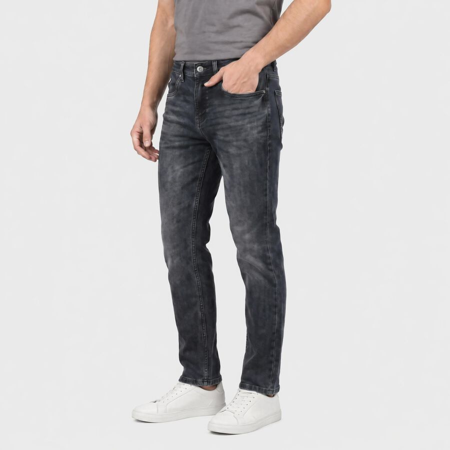 Men's Navy Blue Slim Fit Washed Jeans, Dark Blue, large