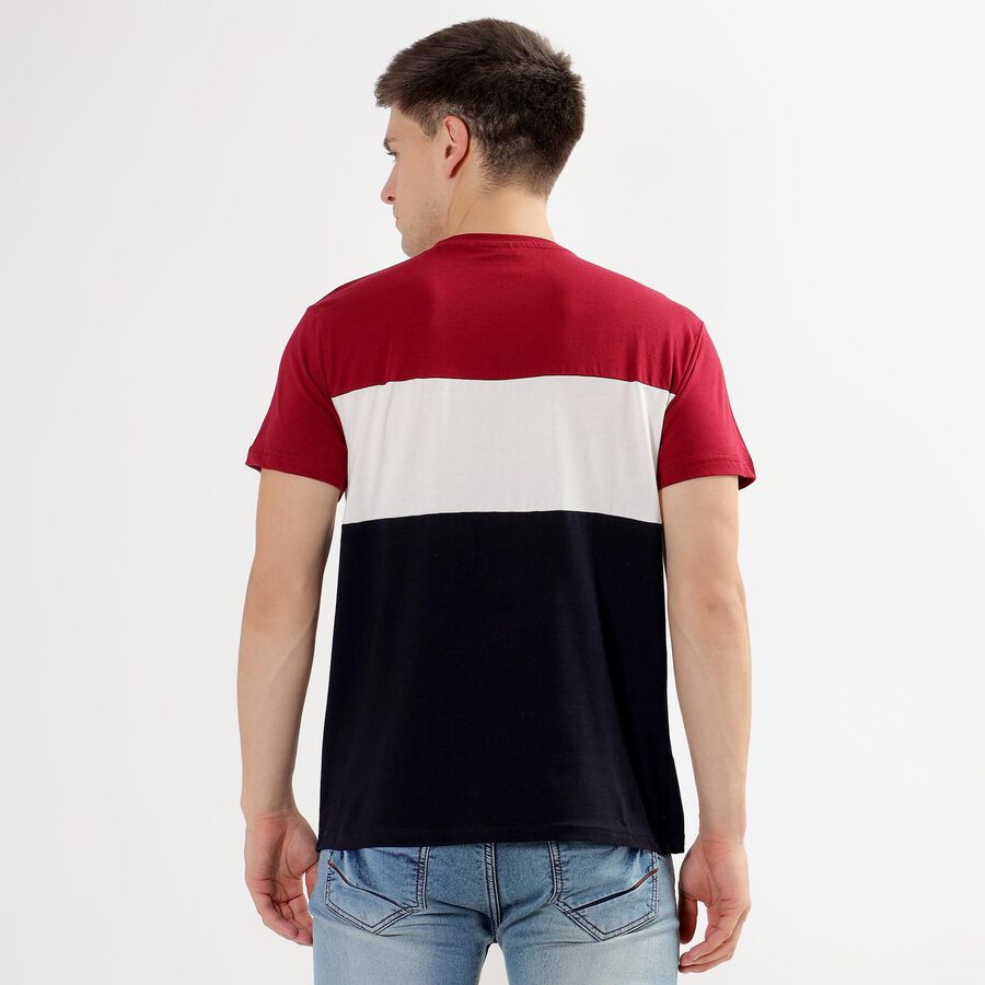 Men's Deep Burgundy Cotton Round Neck Colorblock T-Shirt, Maroon, large image number null