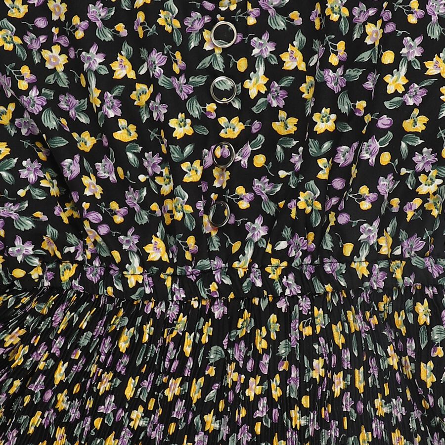 Girls' Jet Black Round Neck Casual Floral Printed T-Shirt, काला, large image number null