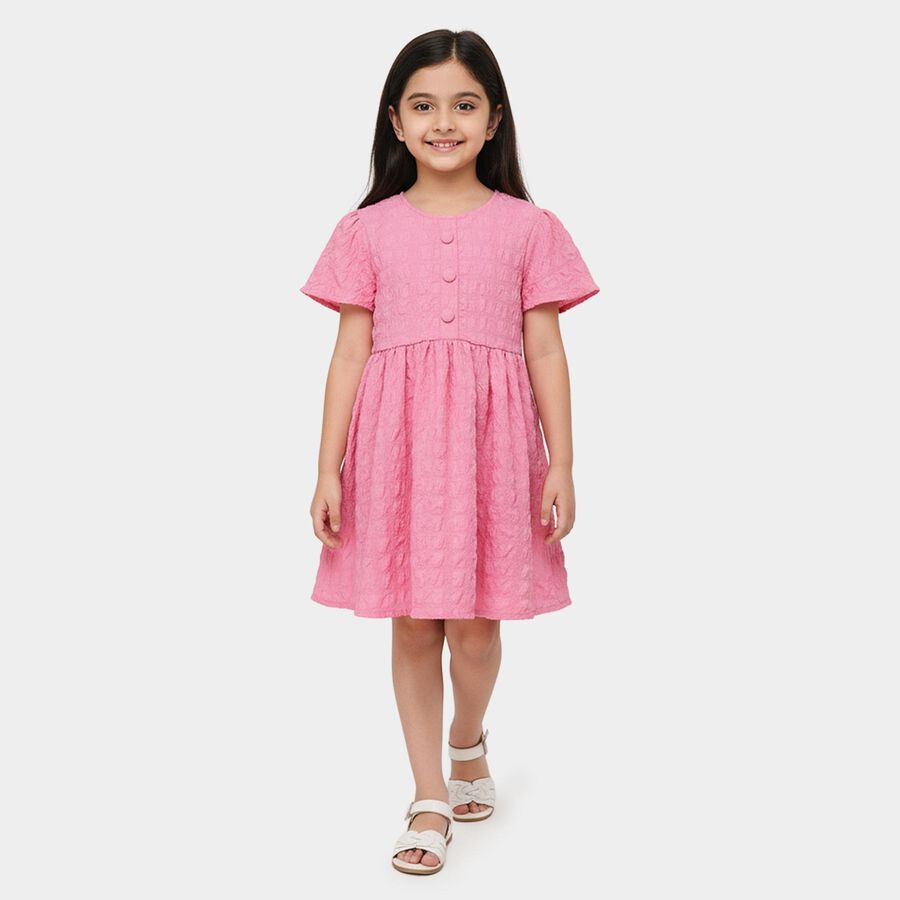 Girls' Pink Round Neck Sleeveless Fit and Flare Dress, Light Pink, large