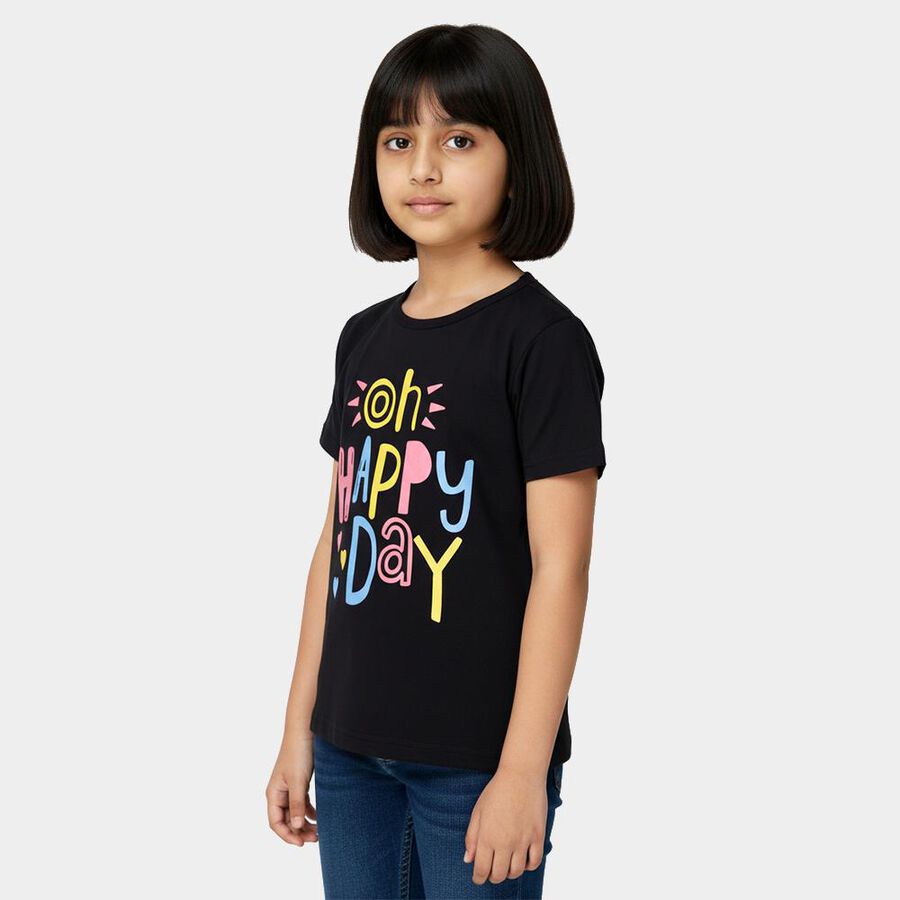 Girls' Navy Blue Cotton Round Neck Printed T-Shirt, Navy Blue, large