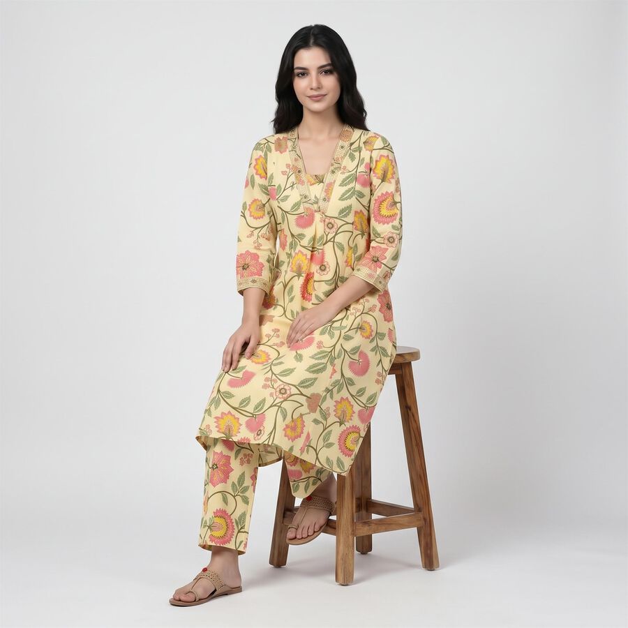 Women's Yellow V-Neck Floral Printed Kurta, Yellow, large