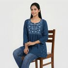 Women's Navy Blue Cotton Notch Neck Embroidered Kurti, Dark Blue, small