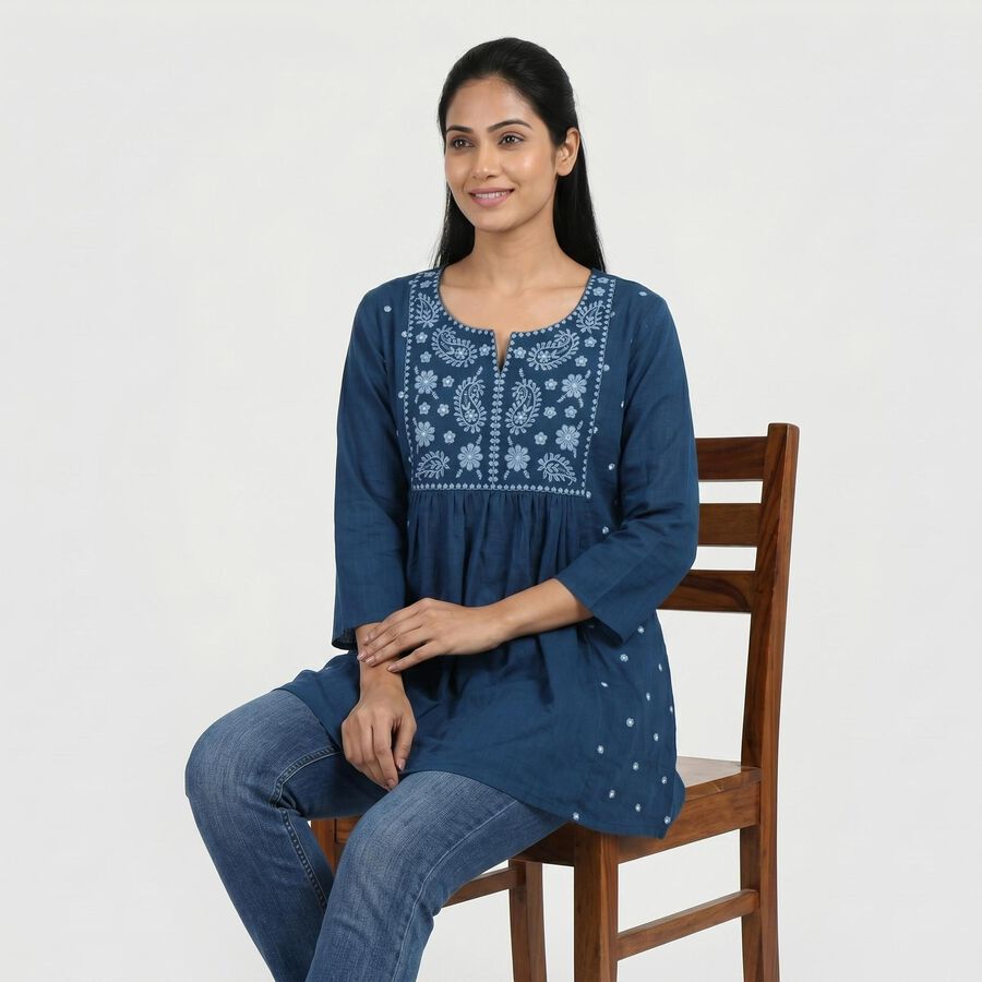 Women's Navy Blue Cotton Notch Neck Embroidered Kurti, Dark Blue, large