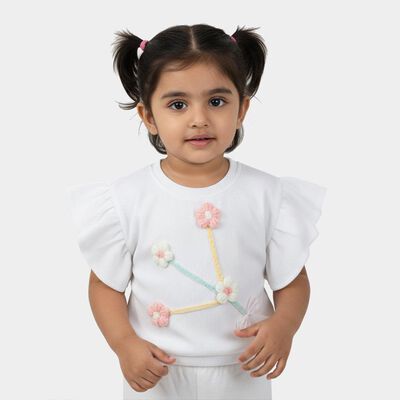 Girls White Round Neck Casual T-Shirt