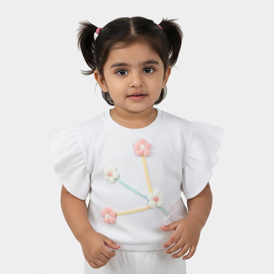 Girls White Round Neck Casual T-Shirt, White, large