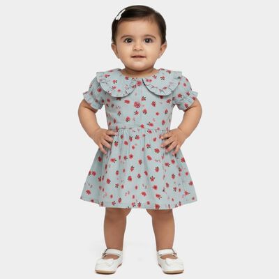 Infants' Light Green Regular-fit Floral Printed Ruffle Collar Frock