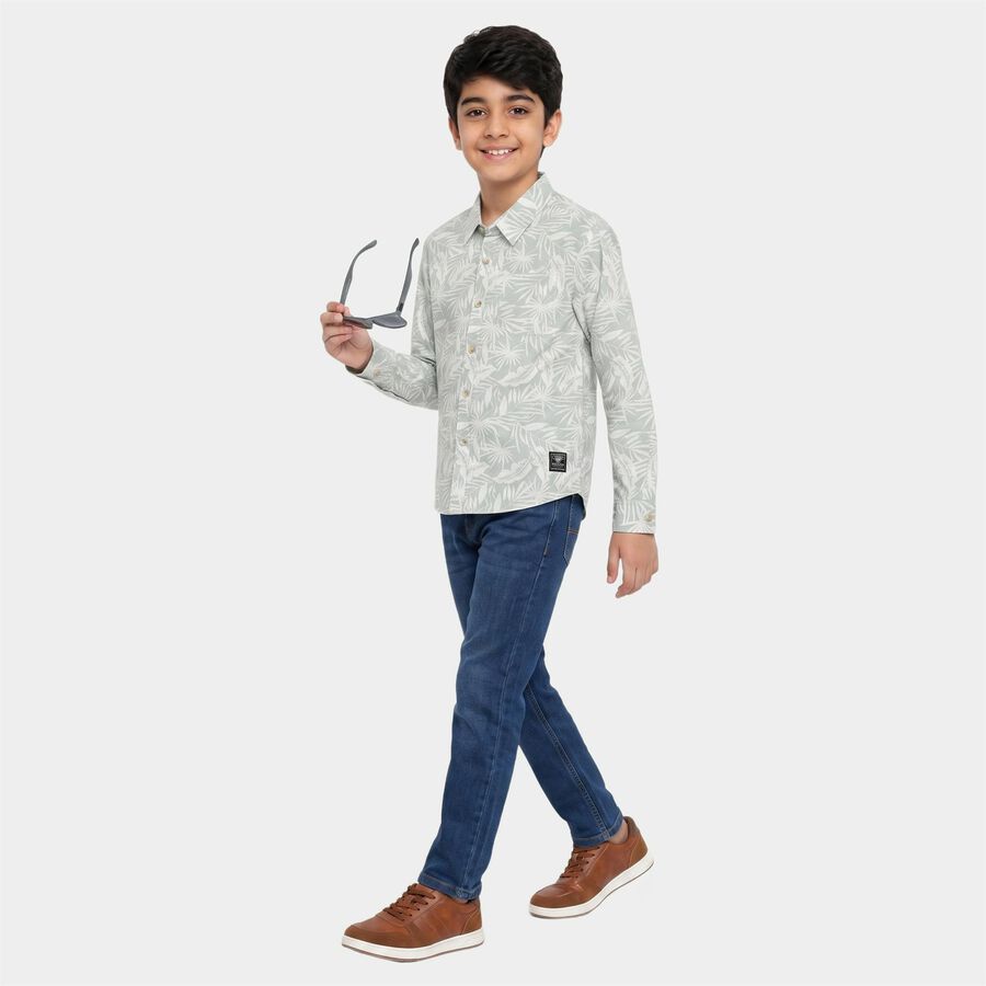 Boys' Mint Green Cotton Floral Regular Fit Shirt, Light Green, large