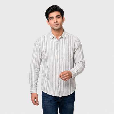 Men's Grey 100% Cotton Long Sleeve Collar Shirt