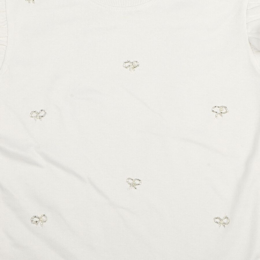 Girls White Round Neck Casual T-Shirt, White, large