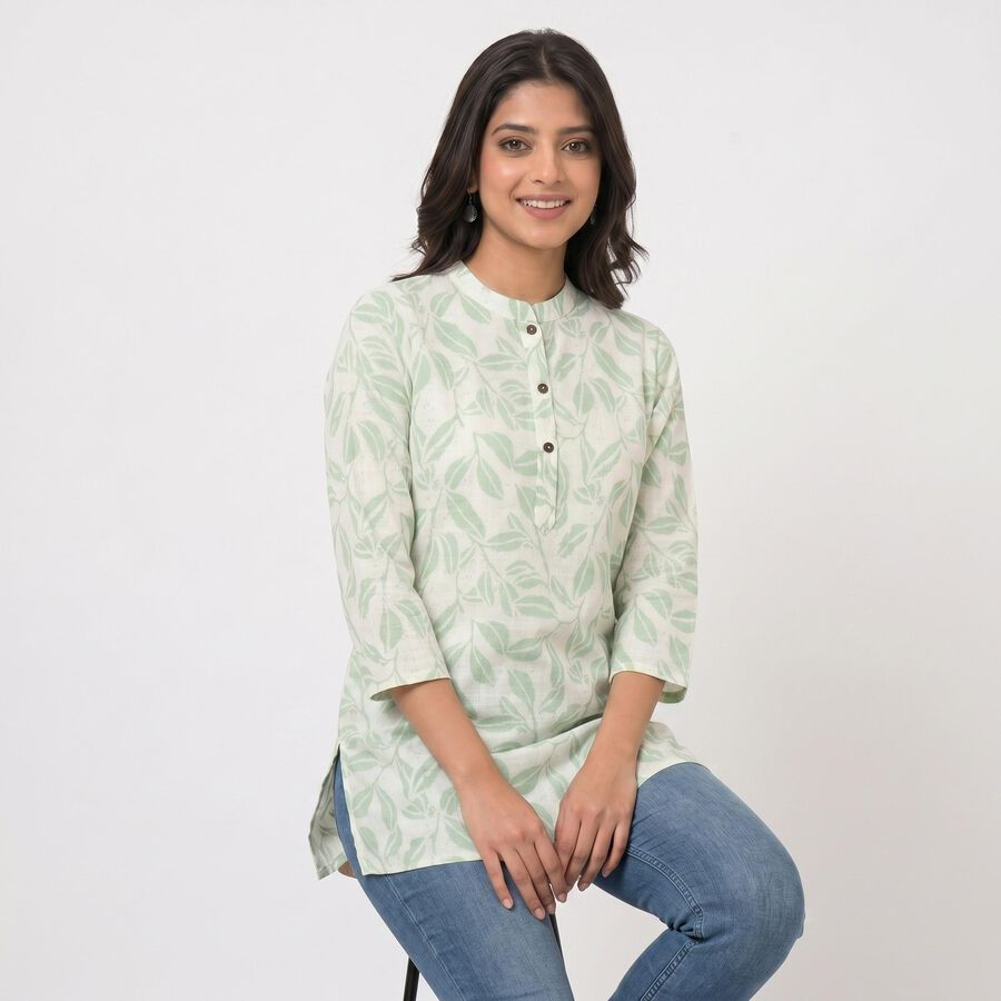 Women's Mint Green Cotton Mandarin Collar Floral Printed Straight Kurti, Light Green, large