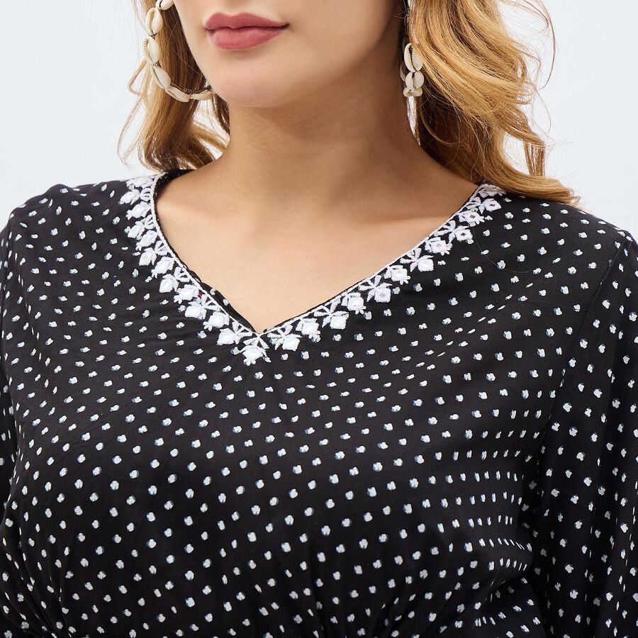Women's Jet Black V-Neck Polka Dot Kurti, काला, large image number null