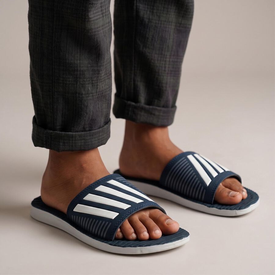Men's Navy Blue Slip-On Slide Sandals, नेवी ब्लू, large