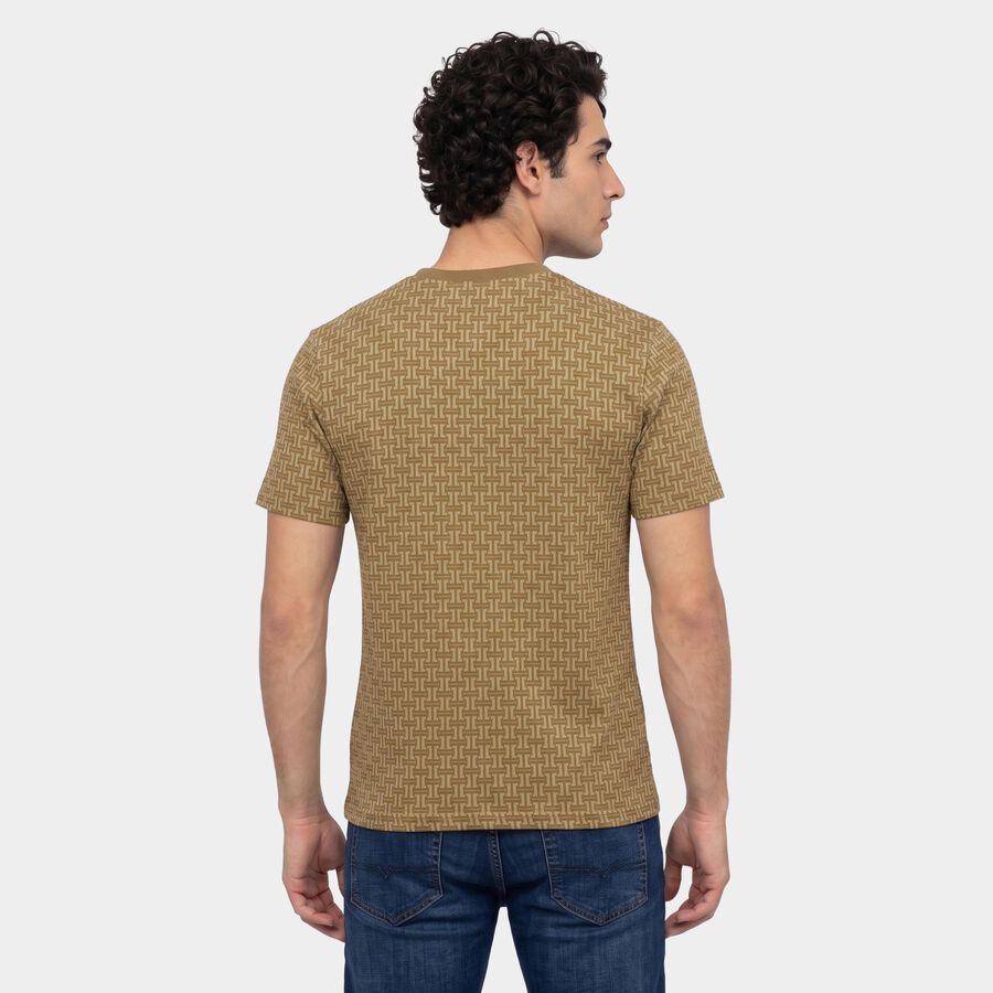 Men's Beige Cotton Round Neck Regular Geometric T-Shirt, गहरा पीला, large