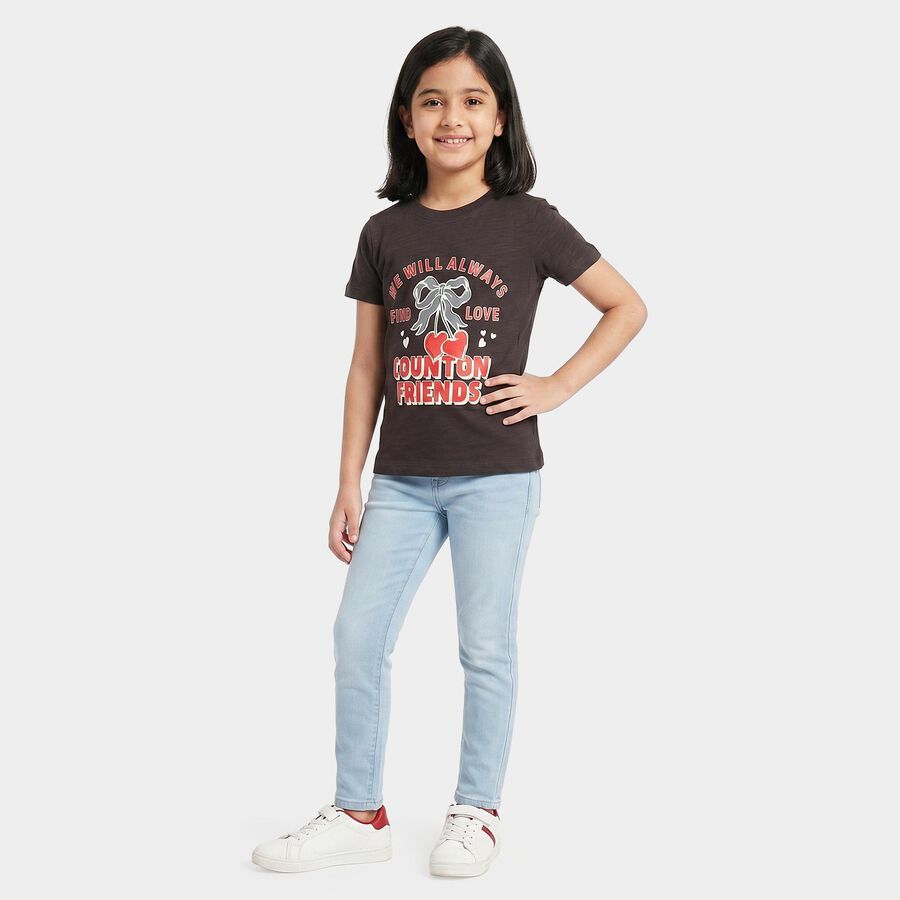 Girls Black Cotton Round Neck Regular T-Shirt, चारकोल, large
