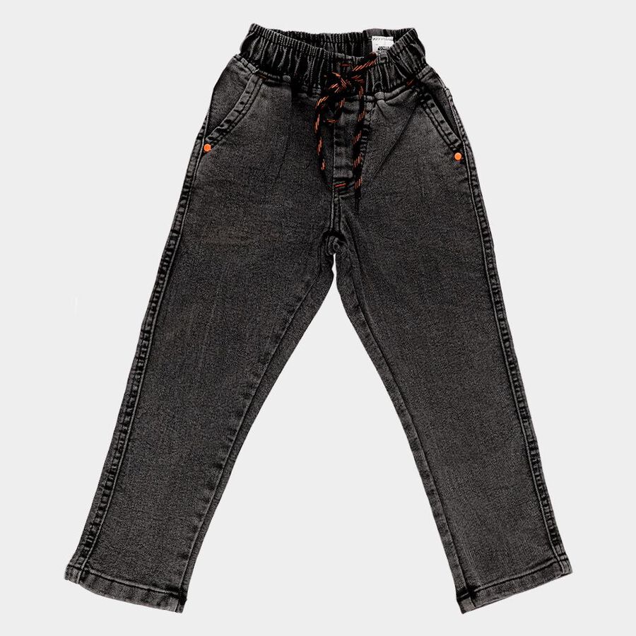 Boys' Washed Black Regular Fit Elastic Waist Jeans, चारकोल, large