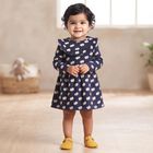 Infants' Navy Blue Floral Printed Fit and Flare Frock, नेवी ब्लू, small