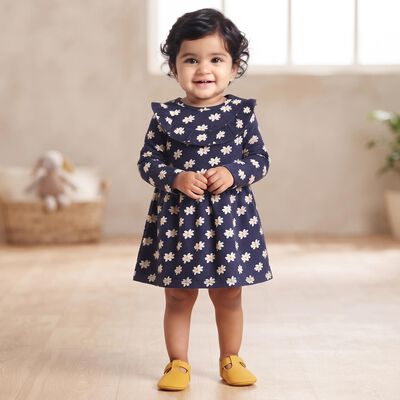 Infants' Navy Blue Floral Printed Fit and Flare Frock