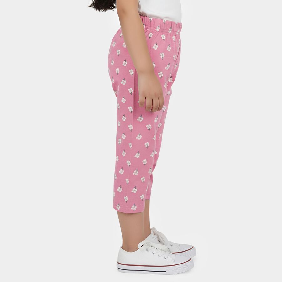 Girls' Pink Floral Printed Elastic Waist Cotton Capri, Pink, large