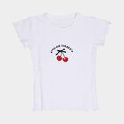 Girls' White Cotton Blend Round Neck Casual T-Shirt, White, small