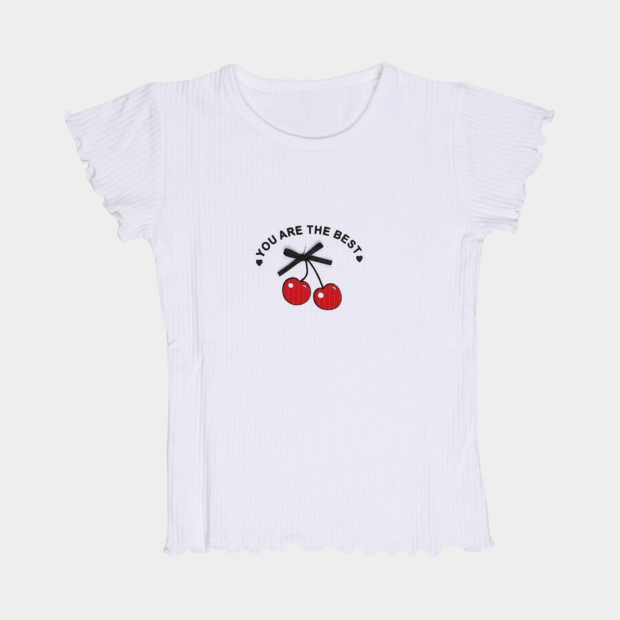 Girls' White Cotton Blend Round Neck Casual T-Shirt, White, large