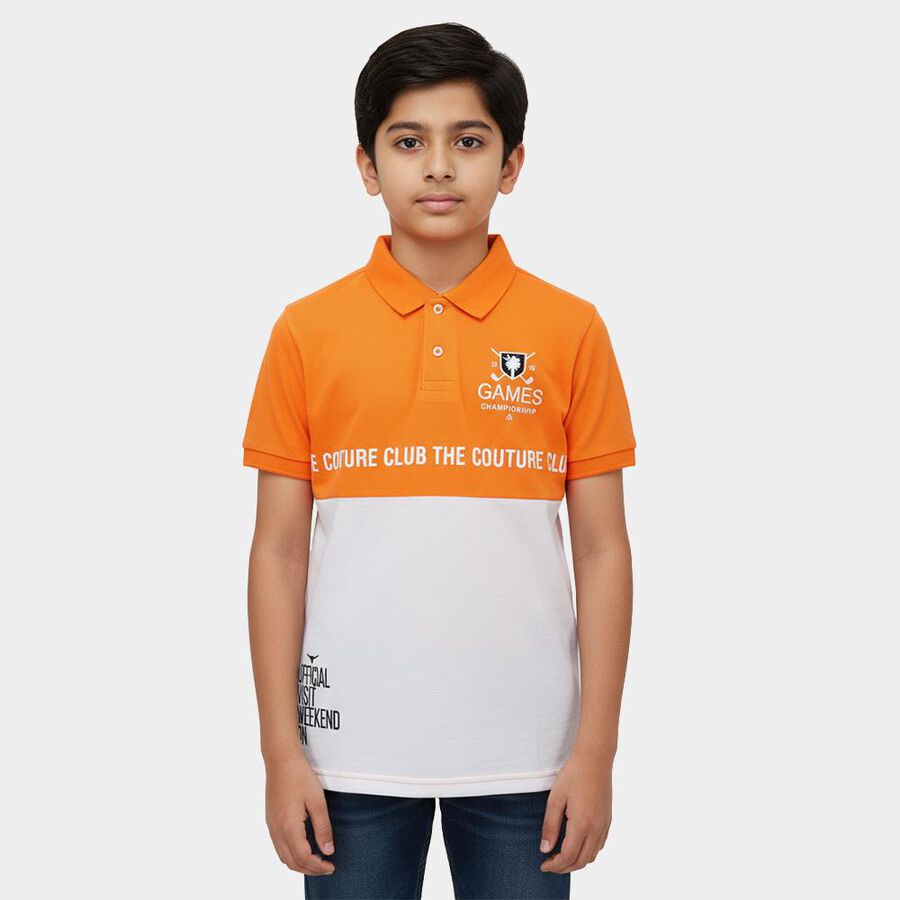 Boys' Bright Orange Cotton Polo Collar Preppy Boys T-Shirt, Orange, large