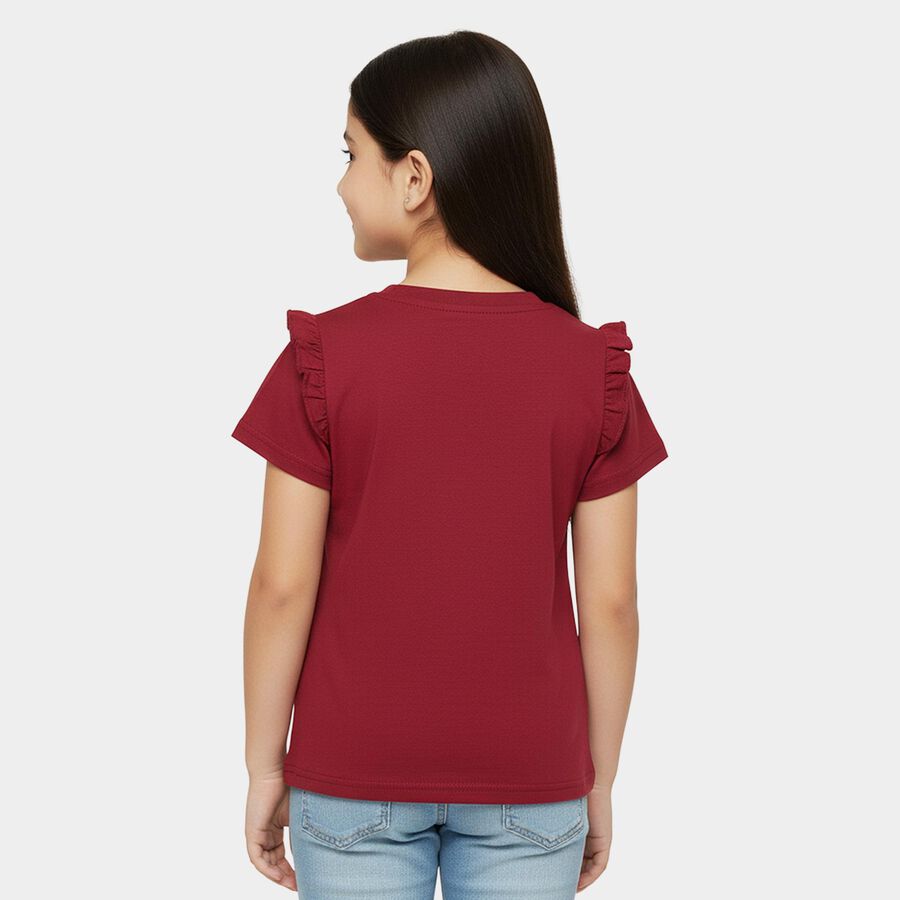 Girls' Maroon Cotton Round Neck Casual T-Shirt, वाइन, large