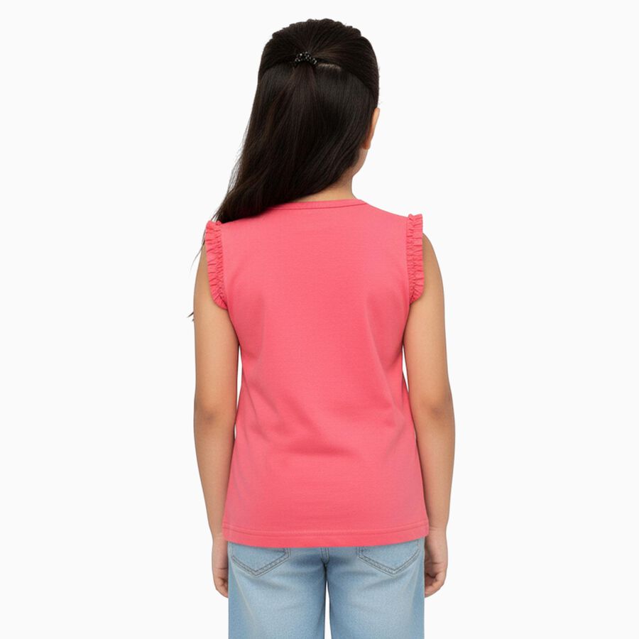 Girls Bright Coral Pink Cotton Round Neck Casual Sleeveless T-Shirt, Pink, large image number null