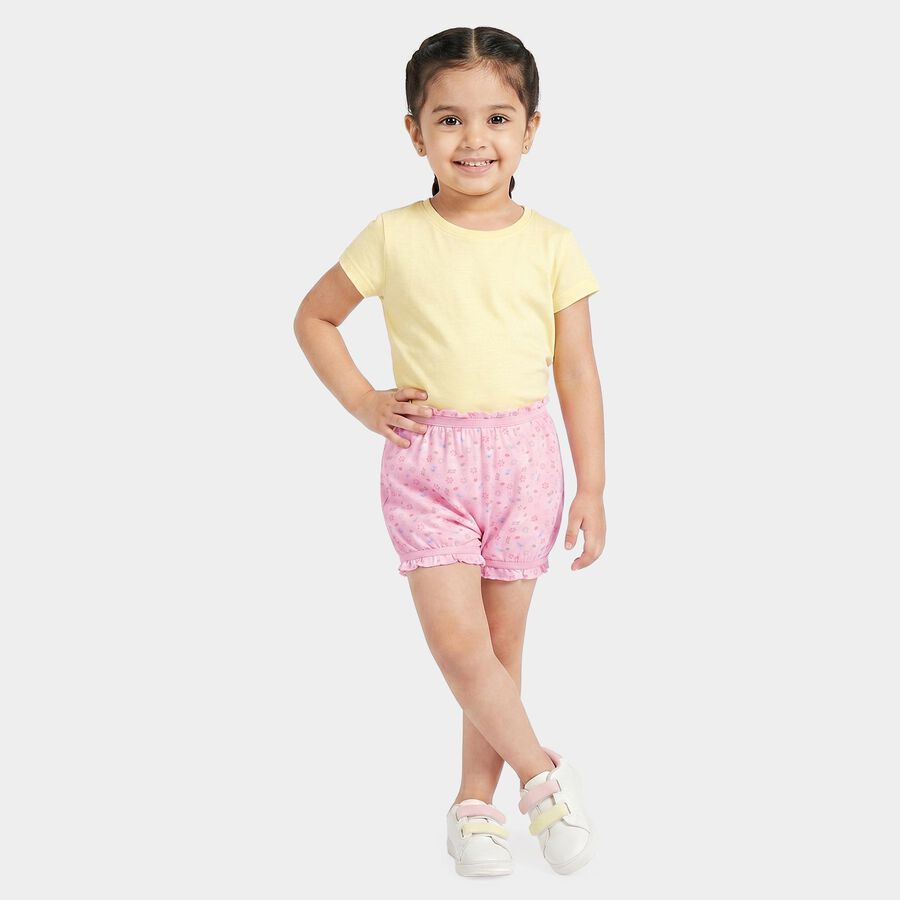 Girls Pink Ruffled Printed Bloomer Shorts, Light Pink, large