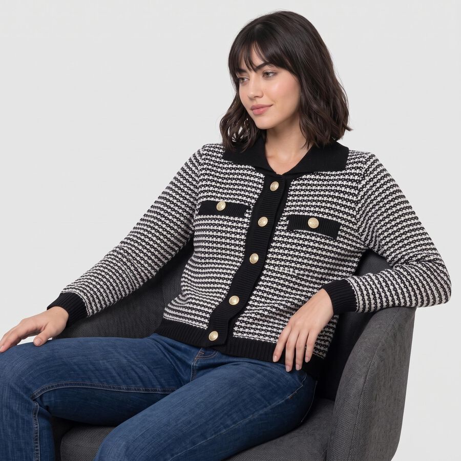 Women Black Collared Button-Front Cardigan, Black, large