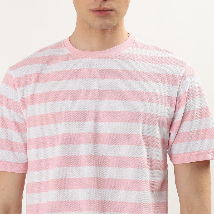 Men's Pink Round Neck Striped T-Shirt, Pink, large