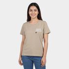 Women's Beige Cotton Blend Round Neck Graphic Print T-Shirt, Beige, small