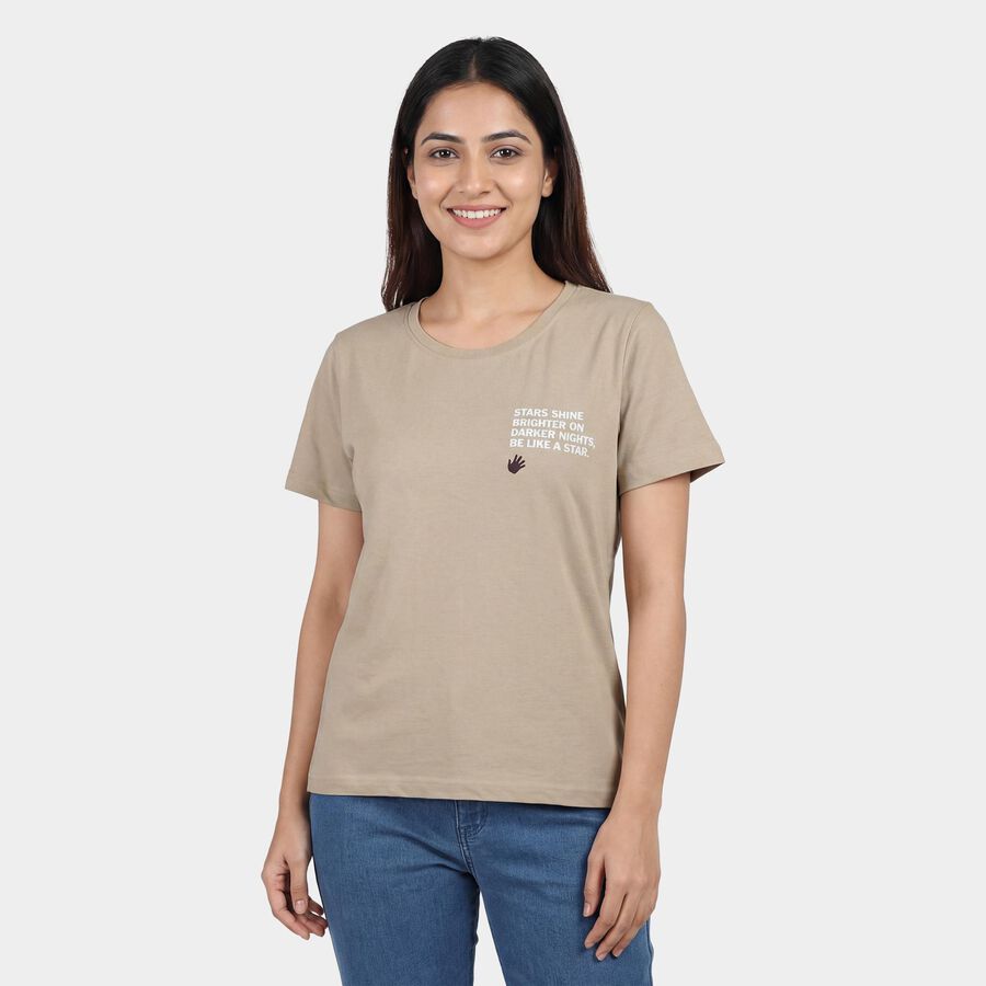 Women's Beige Cotton Blend Round Neck Graphic Print T-Shirt, Beige, large