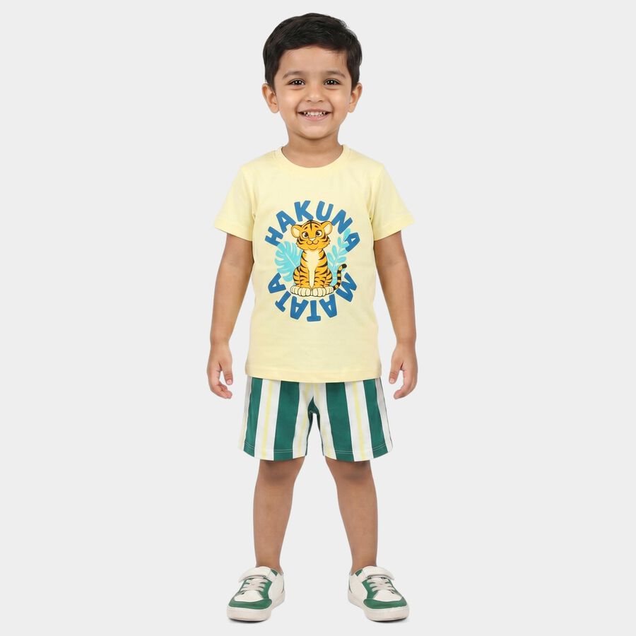 Boys Yellow 100% Cotton Round Neck Graphic Print Baba Suit, Yellow, large