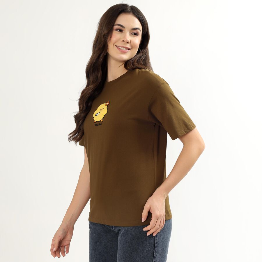 Women's Muted Olive Green Cotton Round Neck Casual T-Shirt, ओलिव, large