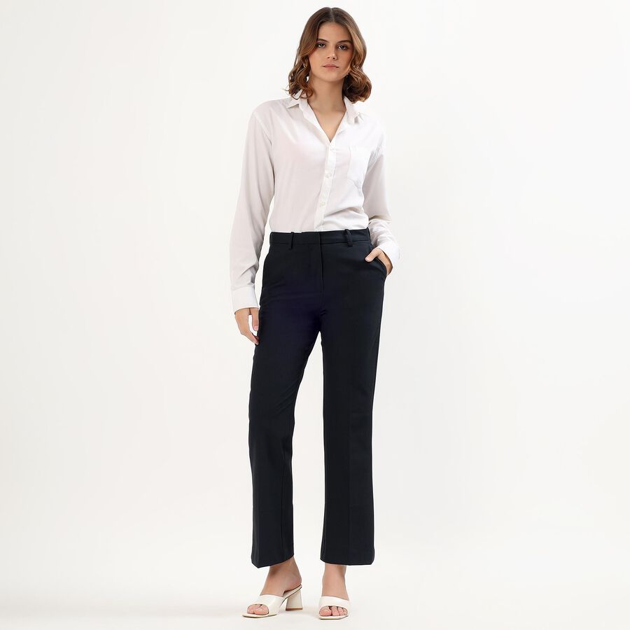 Women's Jet Black Straight Fit Mid-Rise Trousers, नेवी ब्लू, large image number null