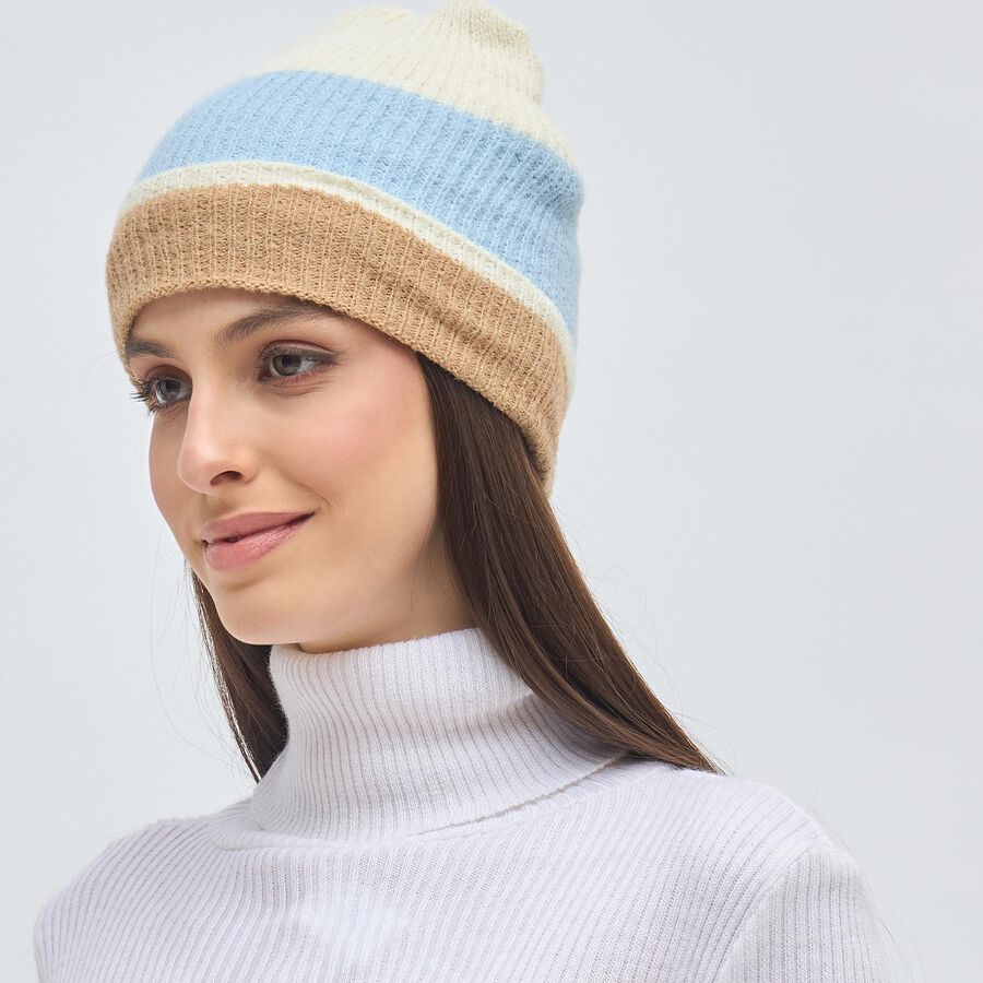Women's Beige and Blue Knitted Beanie Cap, हल्का नीला, large image number null