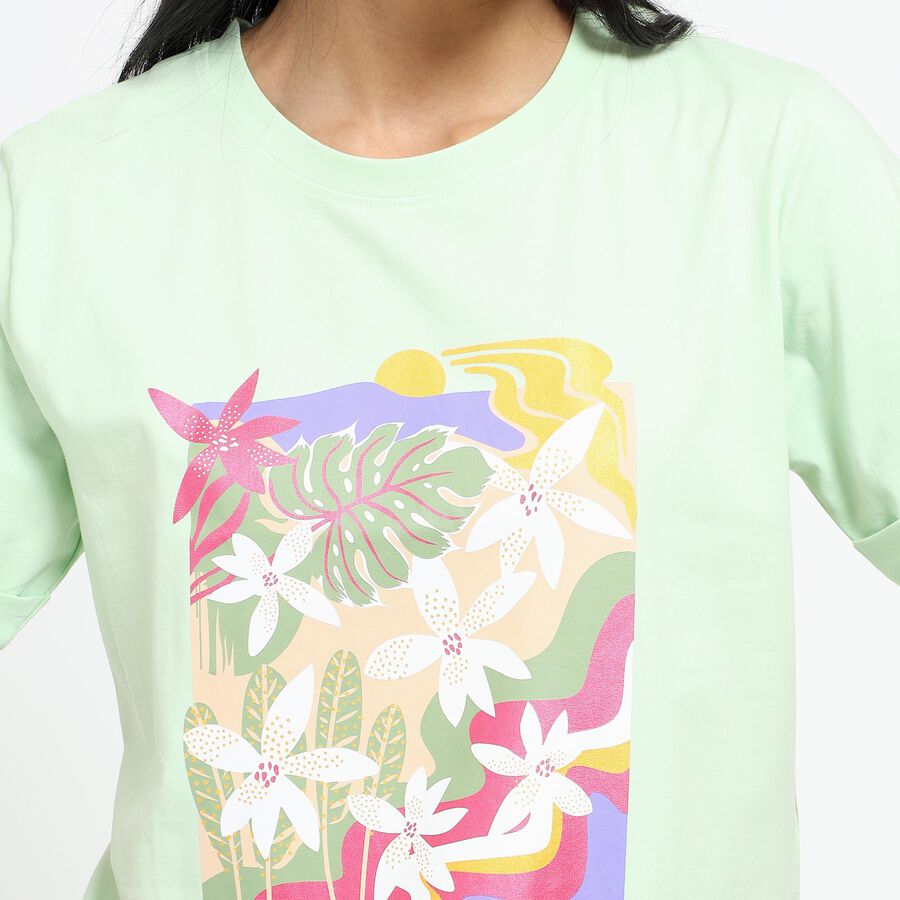 Ladies' Light Mint Green Cotton Round Neck Floral Printed T-Shirt, Light Green, large image number null