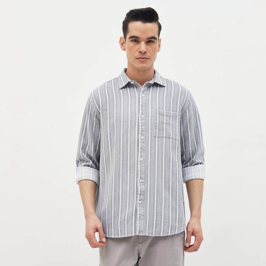 Men's Light Grey Cotton Spread Collar Casual Shirt, Light Grey, large image number null