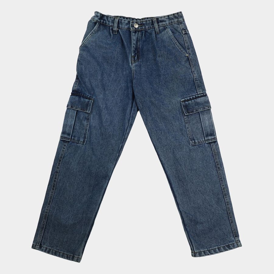 Boys Blue Relaxed Fit Cargo Jeans, Mid Blue, large