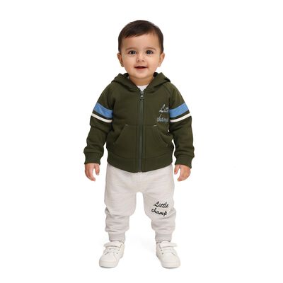 Infants' Olive Hoodie Cuff Sleeve Printed Baba Suit