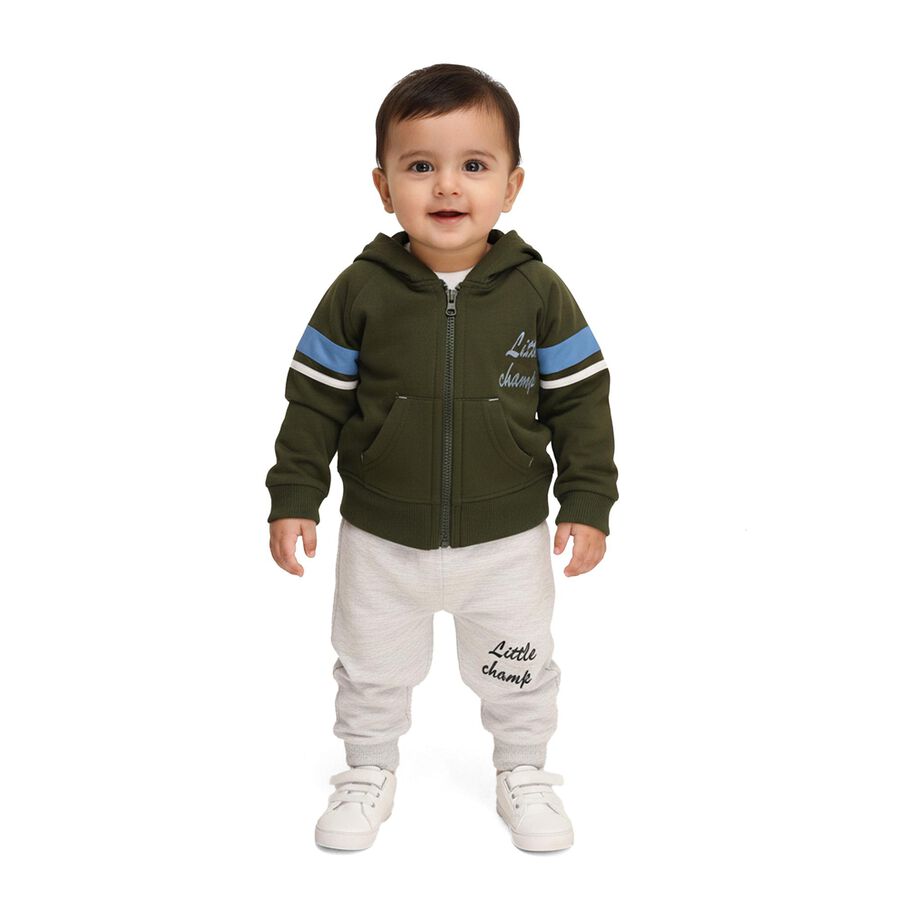 Infants' Olive Hoodie Cuff Sleeve Printed Baba Suit, ओलिव, large image number null