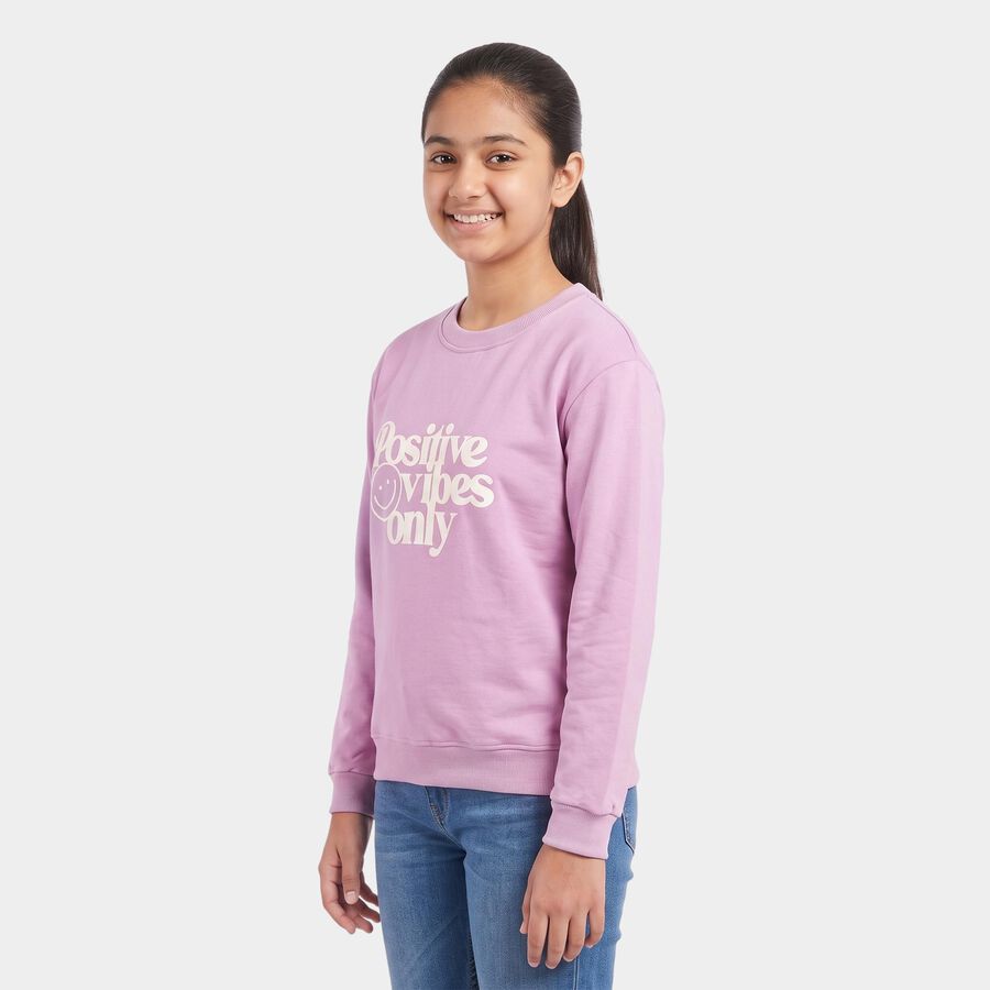 Girls' Lilac Crew Neck Graphic Print Sweatshirt, लाइलेक, large
