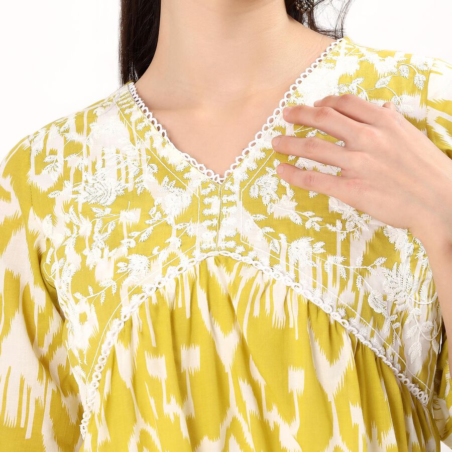 Women's Bright Mustard Yellow Cotton V-Neck Embroidered Kurta, हल्का हरा, large image number null