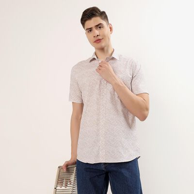 Men's Beige Cotton Half Sleeve Classic Casual Shirt
