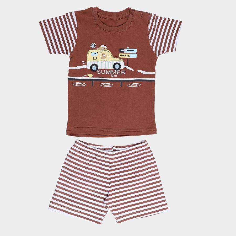 Infants' Brown 100% Cotton Round Neck Graphic Printed Baba Suit, Brown, large